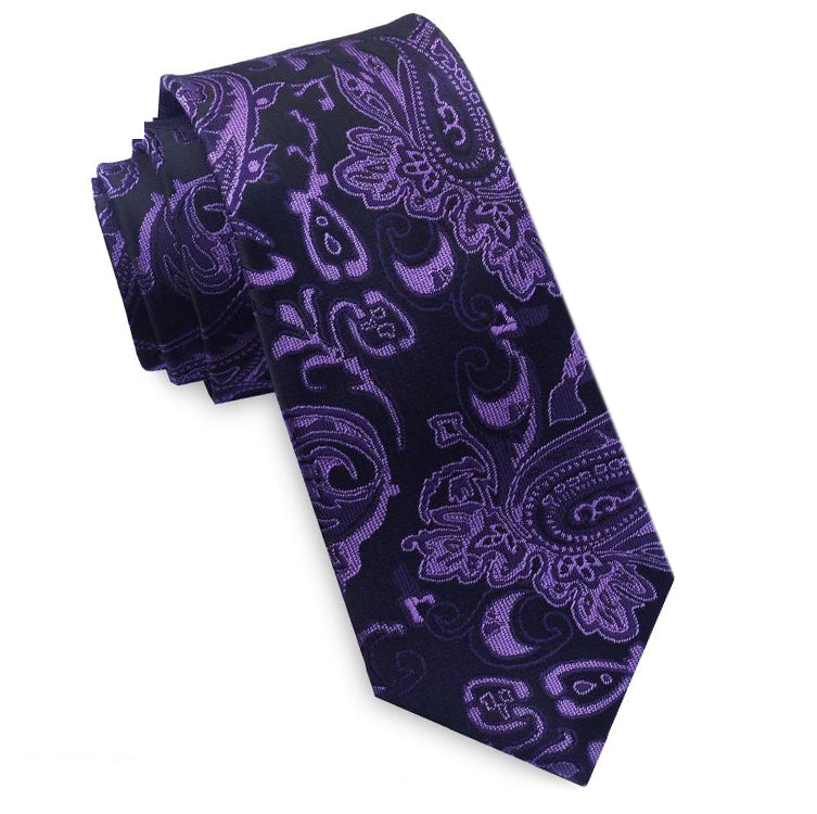 Black and Purple Paisley Mens Skinny Necktie
