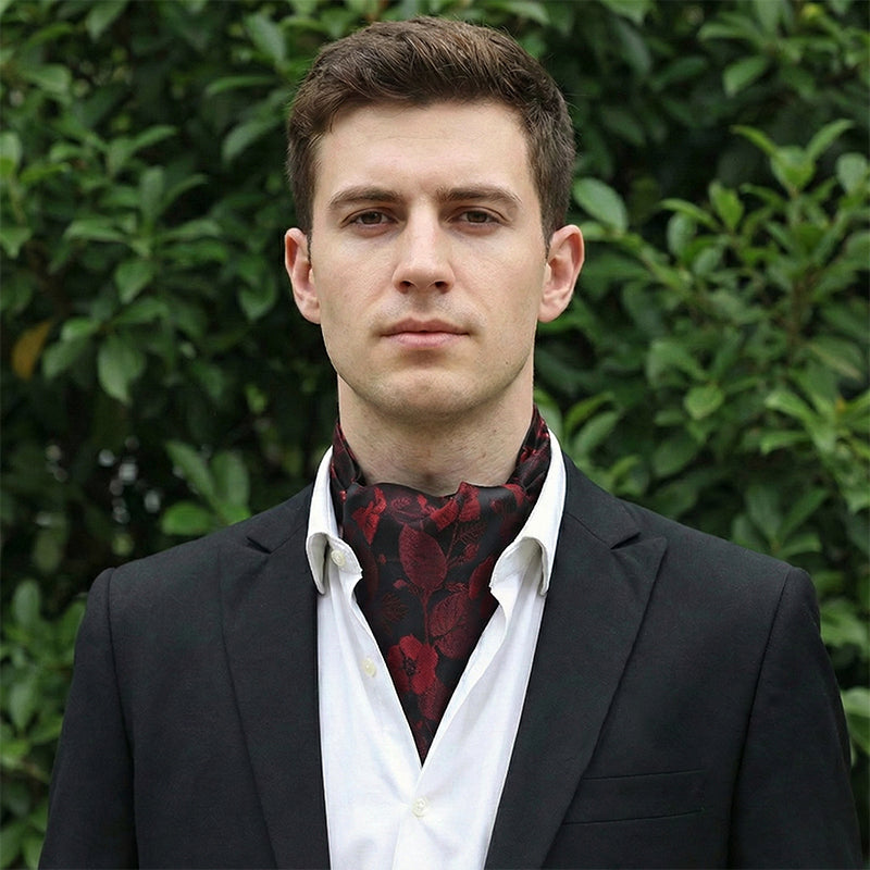 Dark Red With Large Red Floral Ascot Cravat