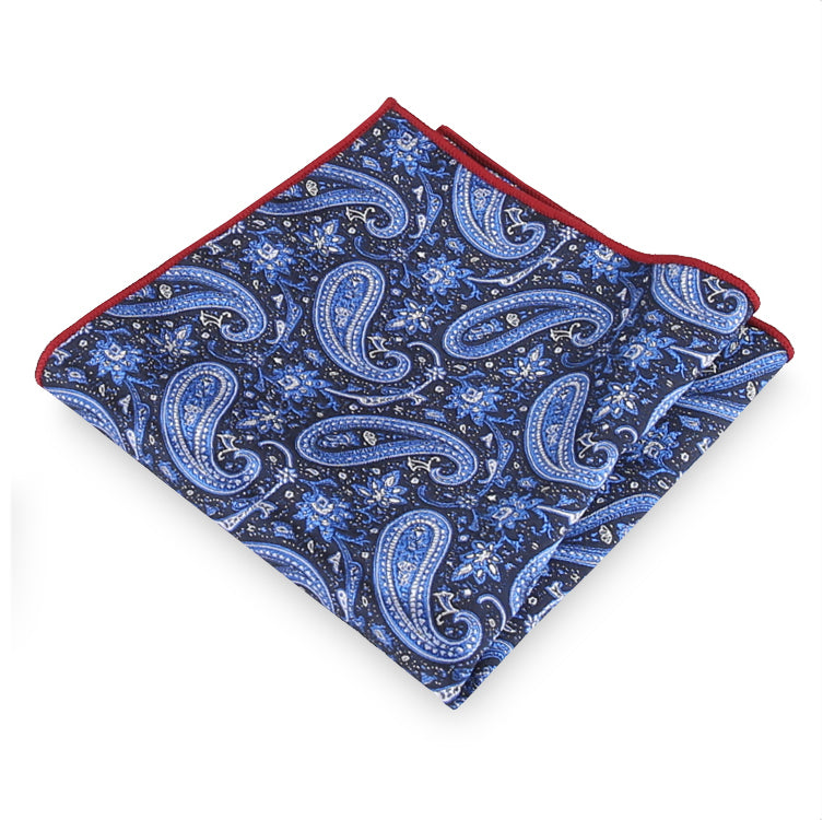 black with white and royal blue paisley design