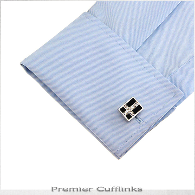 Black with Silver Diamante Cross Cufflinks
