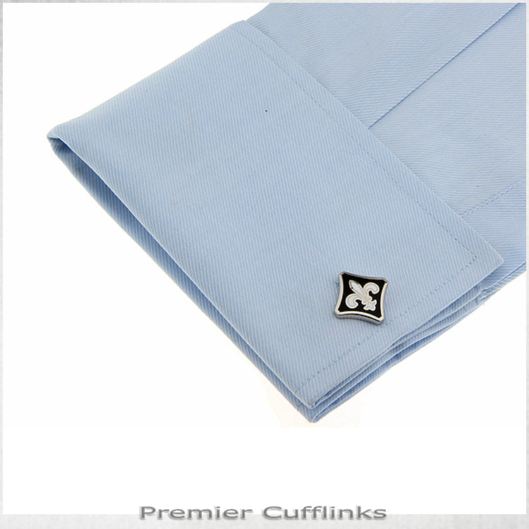 Black with Silver Fleur De Lis Cufflinks