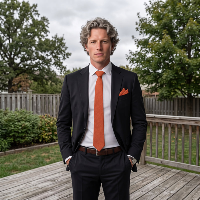 Burnt Orange Cotton Slim Tie & Pocket Square Set