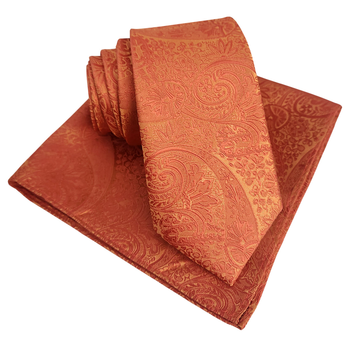 Burnt Orange Paisley Slim Tie and Pocket Square Set
