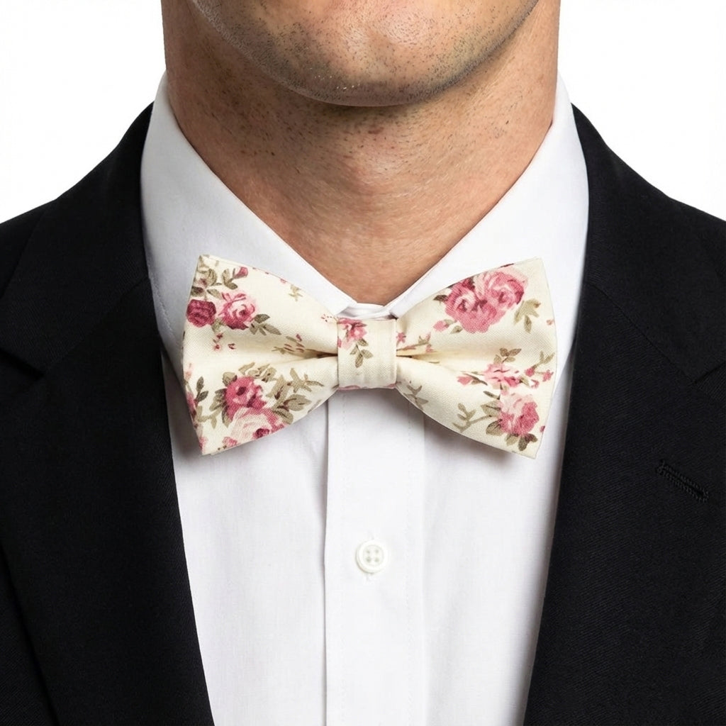 Cream with Pink Roses Bow Tie