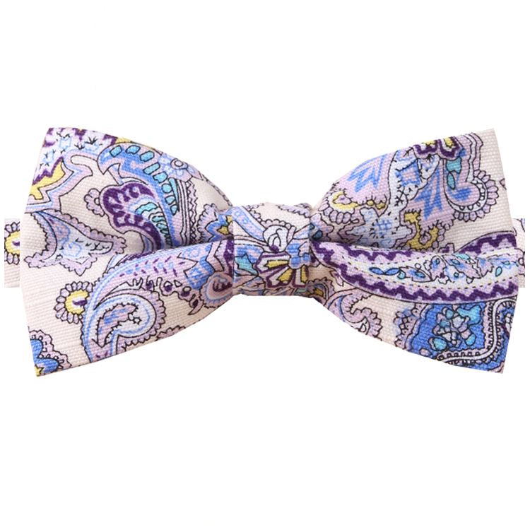 cream and purple paisley bow tie