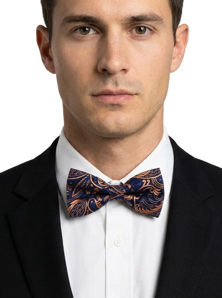 Dark Blue with Gold Plume Paisley Bow Tie