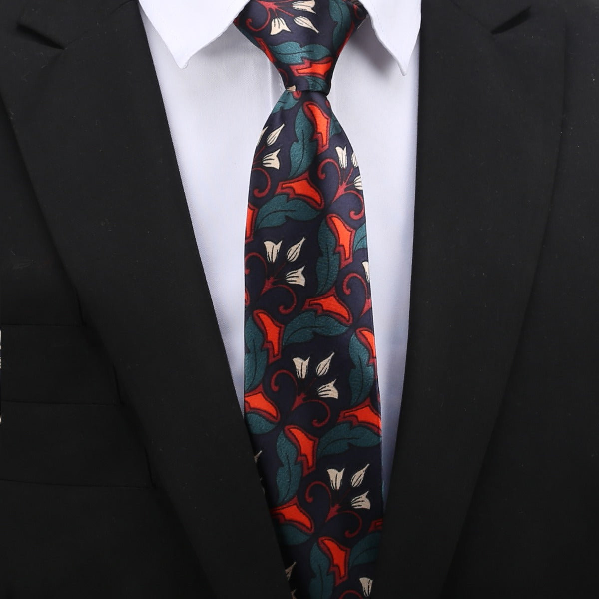 Dark Blue with Red & Green Geometric Floral Slim Tie