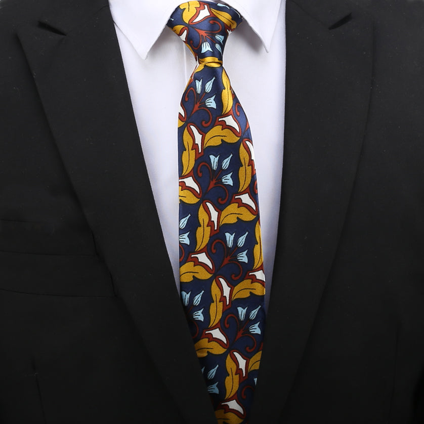 Dark Blue with Yellow, Red and White Floral Slim Tie