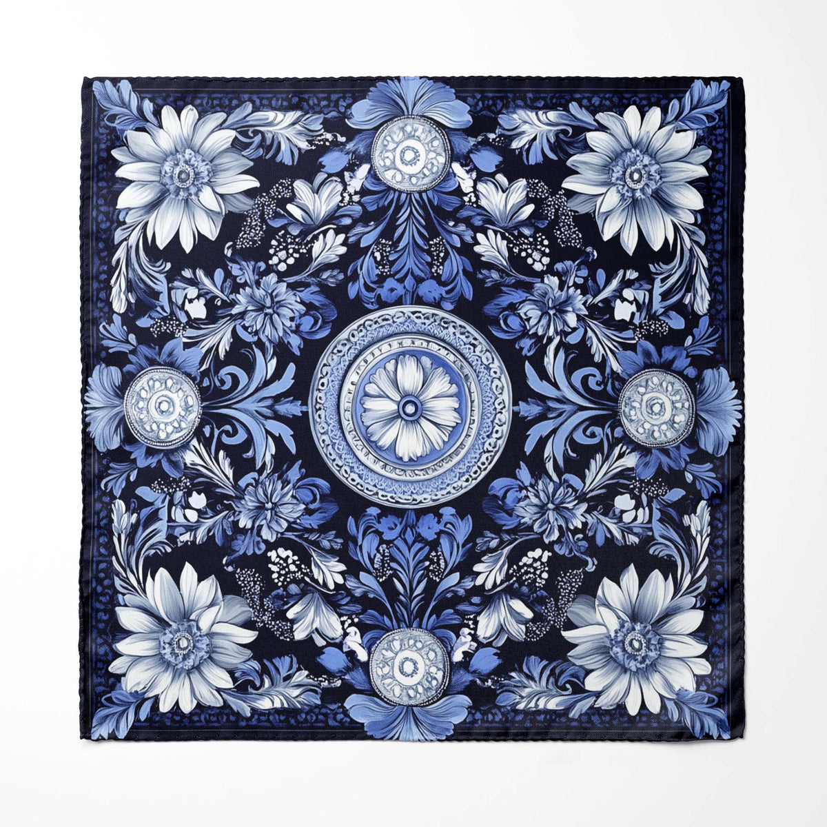 Genuine Silk Navy Delft Blossom Medallion Pocket Square