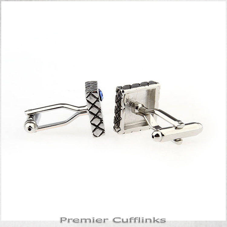 Silver Crosshatch with Blue Inset Cufflinks
