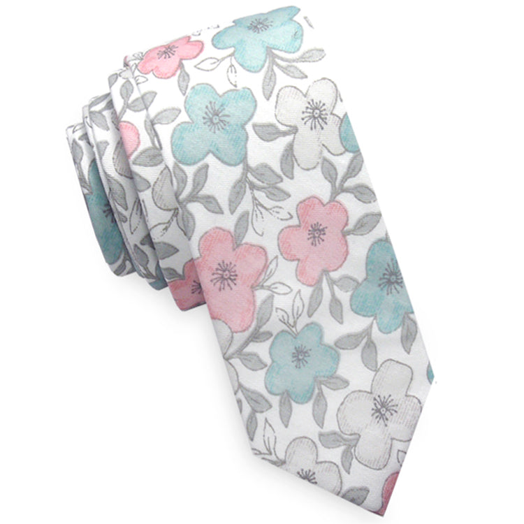 white with pastel floral skinny tie