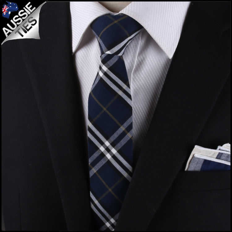 Navy Blue, Black, White & Gold Tartan Slim Tie