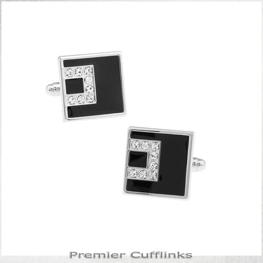 Black With Asymetric Diamante Inset Cufflink