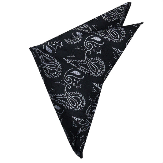 Black with White Paisley Pocket Square