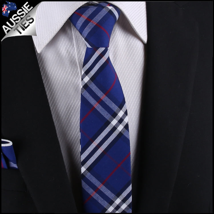 Royal Blue, Red & White Tartan Plaid Slim Tie