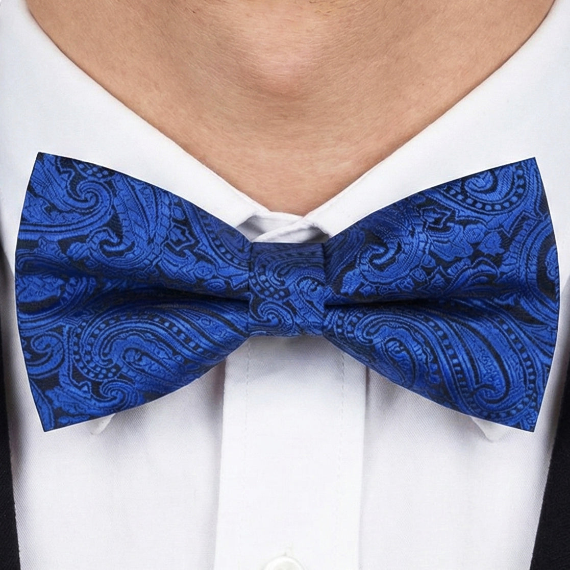 blue and black paisley bow tie