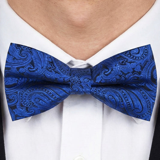blue and black paisley bow tie