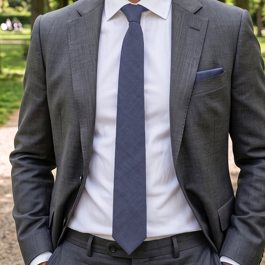 Blue Grey Bamboo and Cotton Blend Skinny Tie & Pocket Square Set