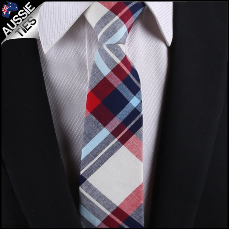 Dark Blue, Light Blue, Red & White Tartan Slim Tie