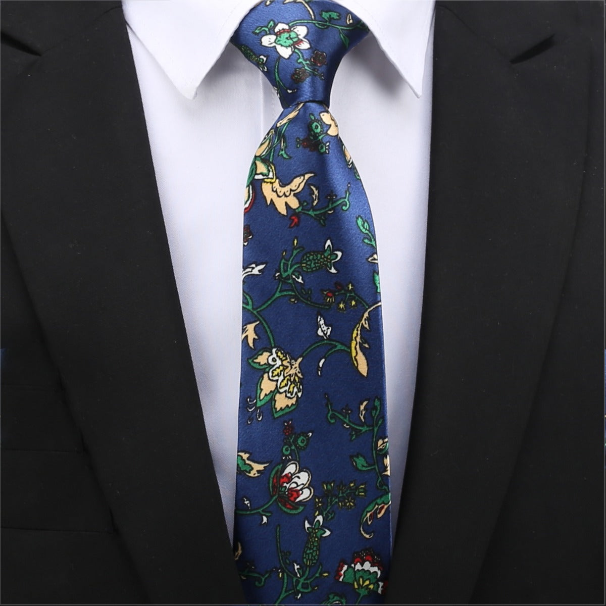 Blue with Tan and White Floral Slim Tie