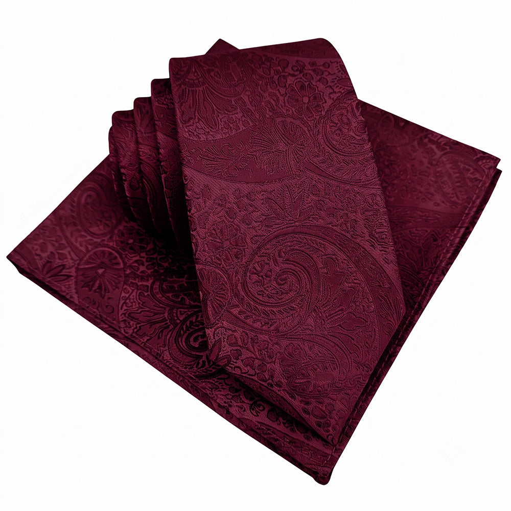 Burgundy Red Paisley Slim Tie and Pocket Square Set