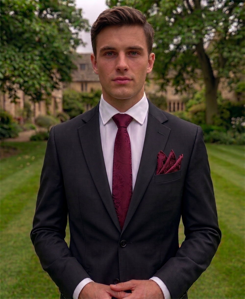 Burgundy Red Paisley Slim Tie and Pocket Square Set