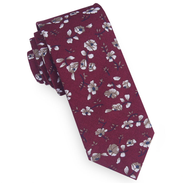 Burgundy with White Floral Mens Skinny Tie
