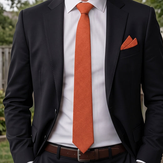 Burnt Orange Cotton Skinny Tie & Pocket Square Set