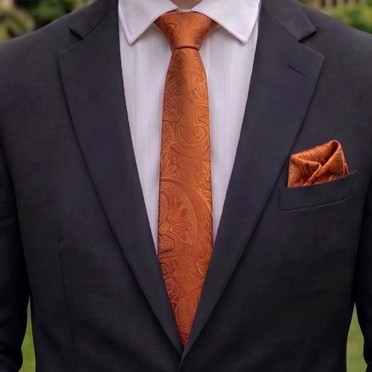 Burnt Orange Paisley Slim Tie and Pocket Square Set