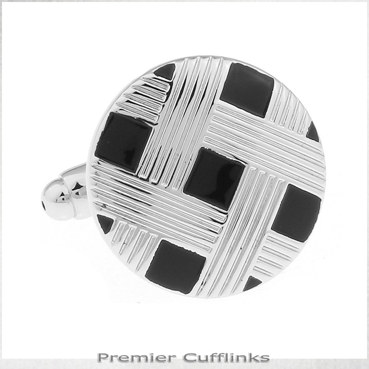 Circular Black with Silver Lattice Cufflinks