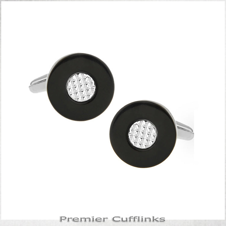 Circular Black with Textured Crystal Inset Cufflinks