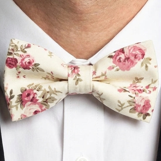 cream with pink roses floral bow tie