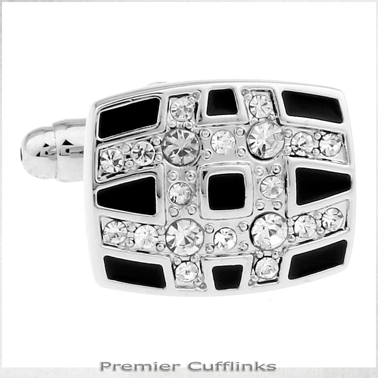 Curved Diamante Lines On Black Cufflinks