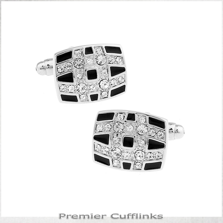 Curved Diamante Lines On Black Cufflinks