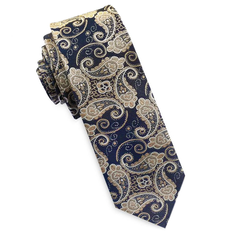Dark Blue and Gold Paisley Mens Skinny Tie
