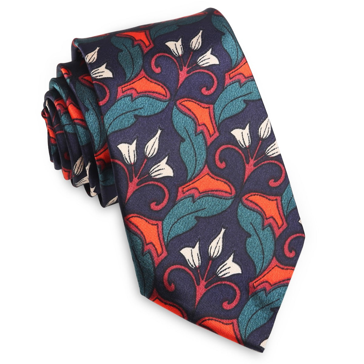 dark blue with red and green geometric floral tie