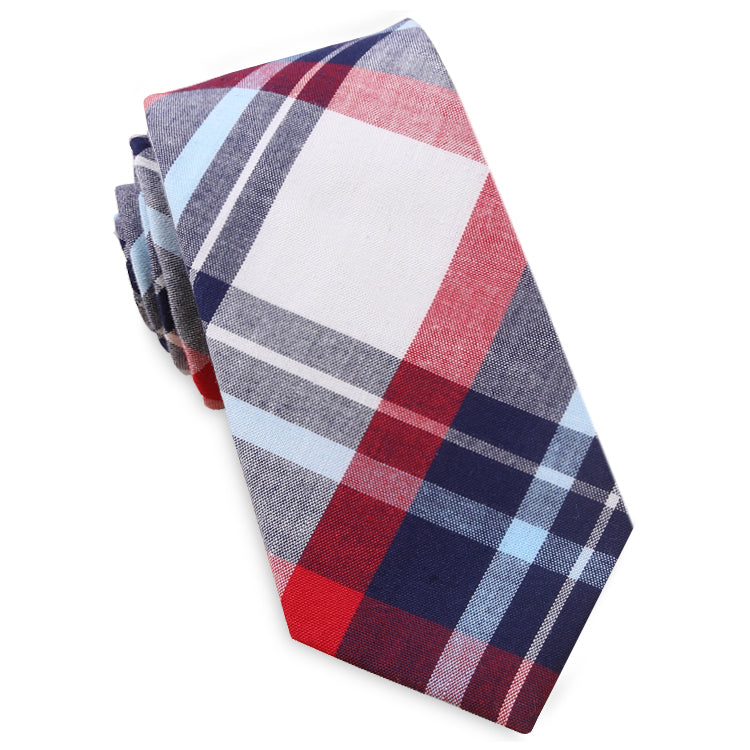Dark Blue, Light Blue, Red & White Tartan Slim Tie