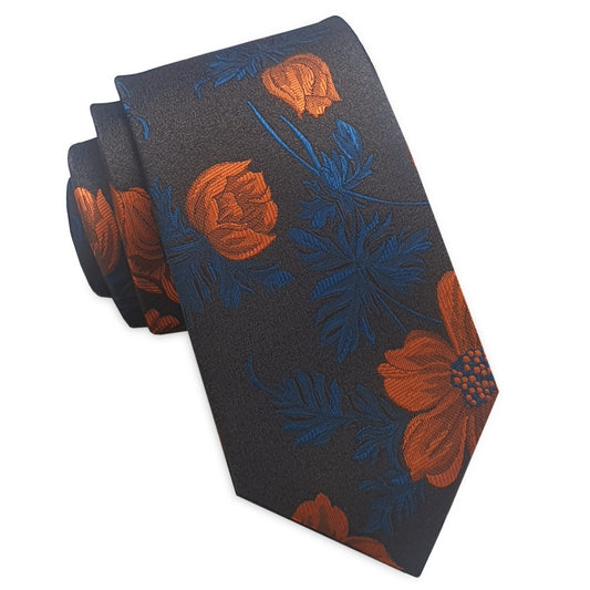 brown with orange floral slim tie