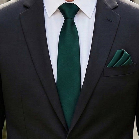 Mens Dark Green Tie and Pocket Square Set