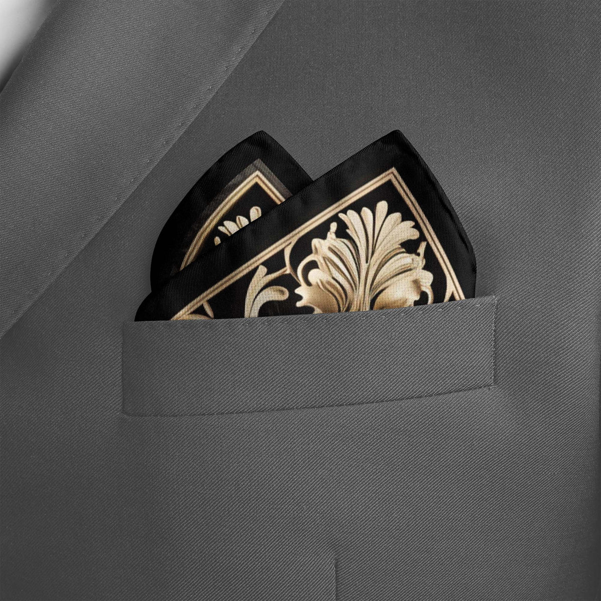 Genuine Silk Ember Black with 3D Ivory Medallion Pocket Square