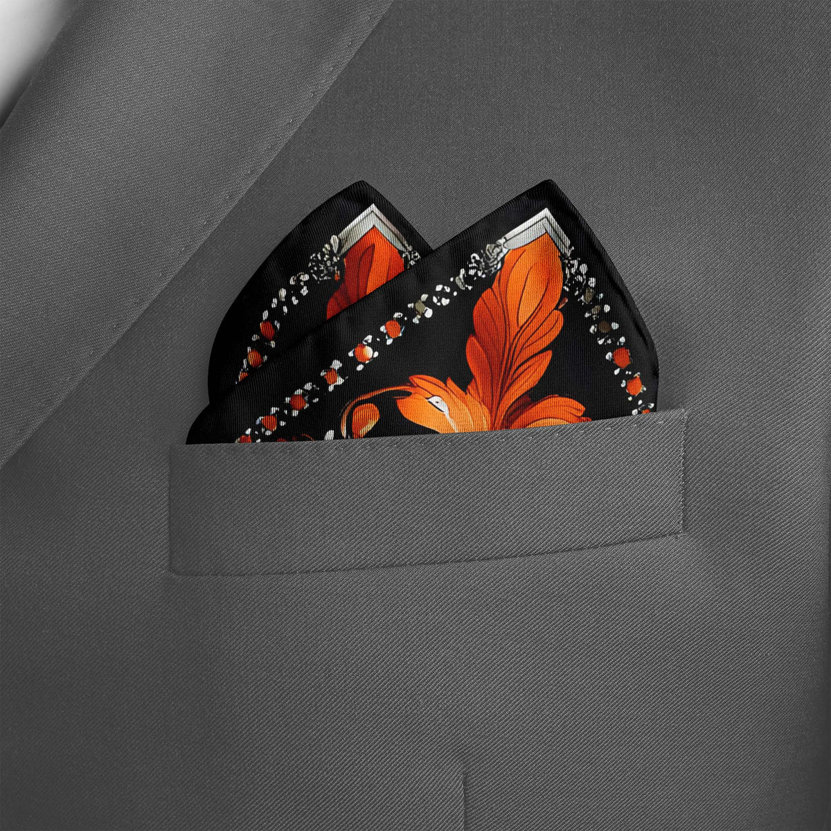 Genuine Silk Ember Bloom and Obsidian Scroll Pocket Square