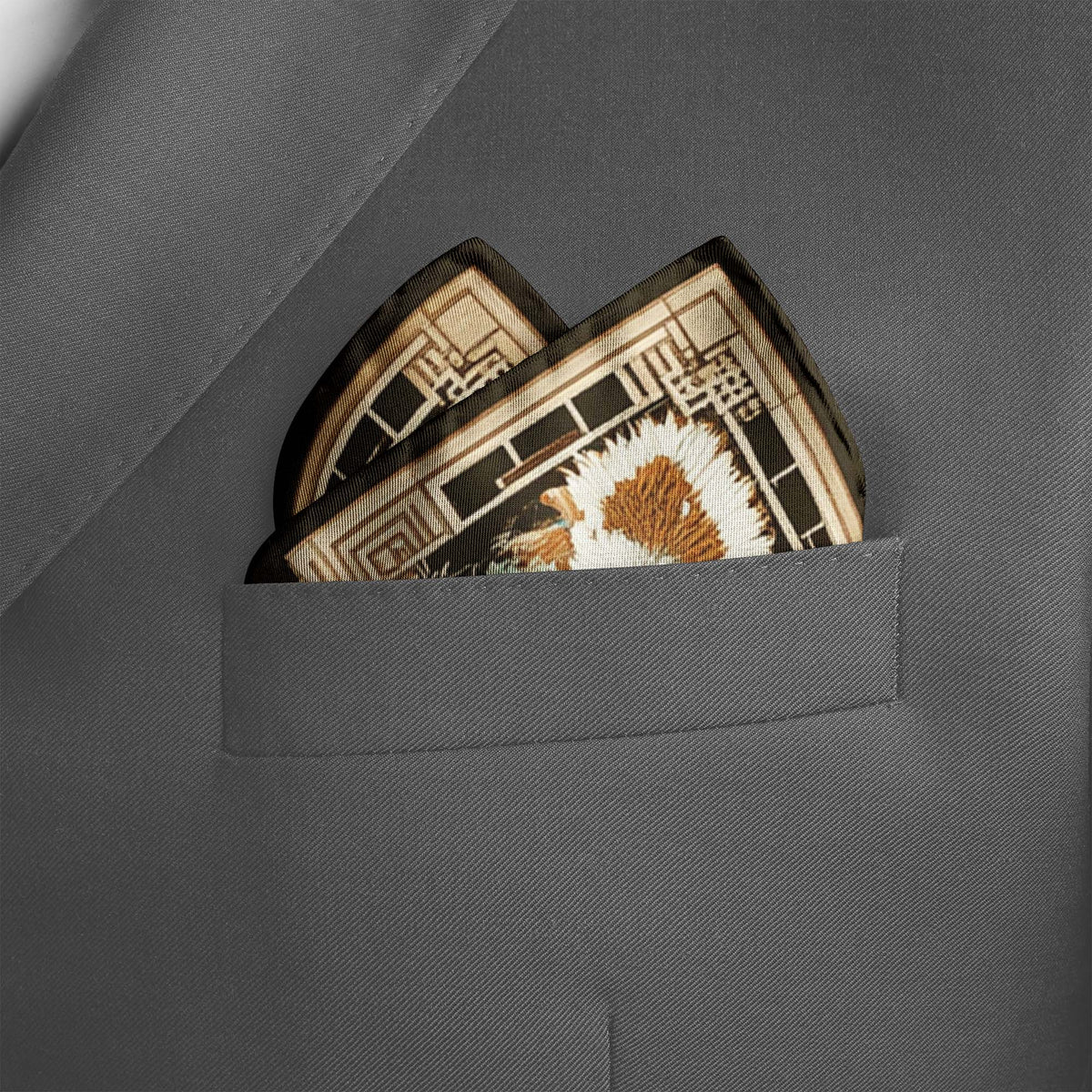 Genuine Silk Emerald Crane and Cloud Tapestry Pocket Square
