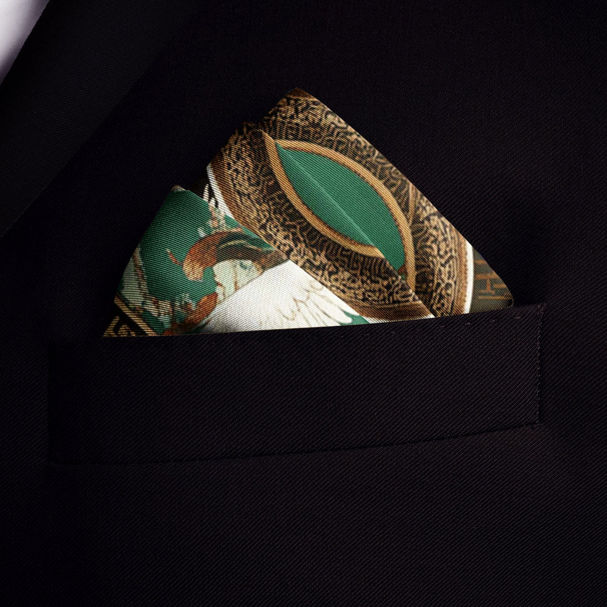 Genuine Silk Emerald Crane and Cloud Tapestry Pocket Square