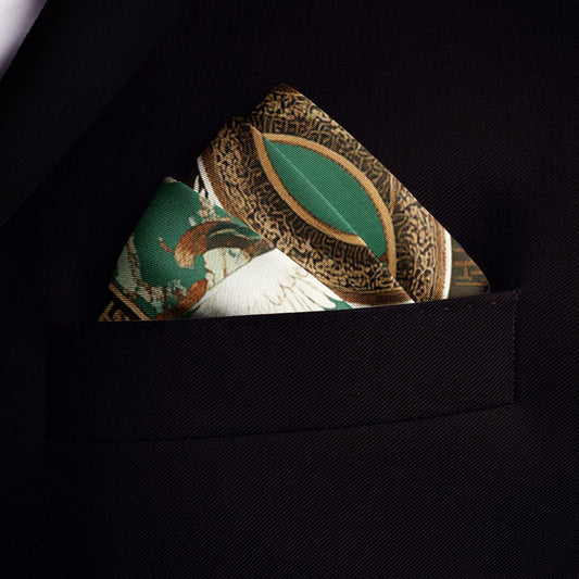 Genuine Silk Emerald Crane and Cloud Tapestry Pocket Square