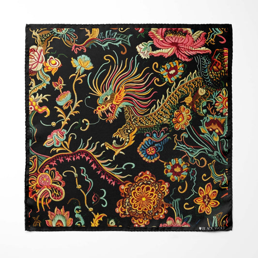 Genuine Silk Black with Gold Traditional Chinese Dragon Pocket Square