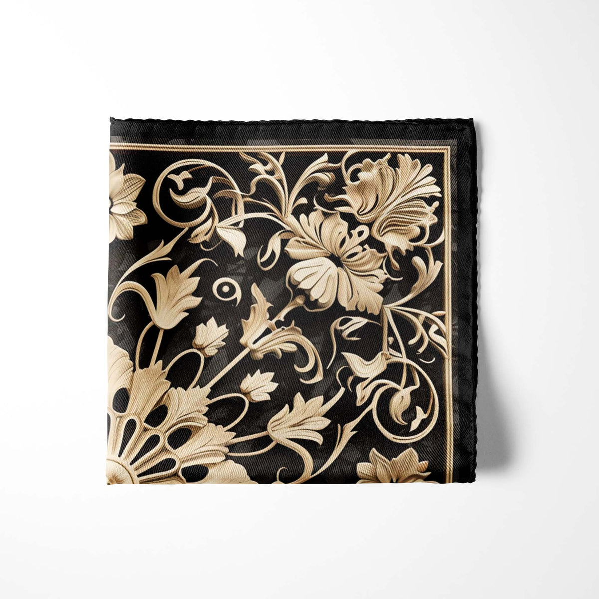 Genuine Silk Ember Black with 3D Ivory Medallion Pocket Square