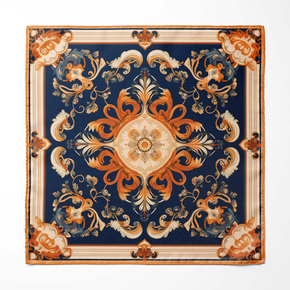 Genuine Silk Navy and Burnt Orange Laurel Crest Pocket Square