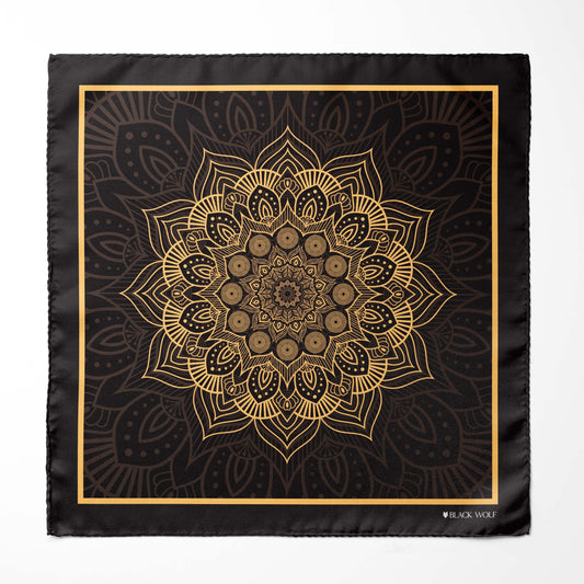Genuine Silk Onyx Bloom and Gold Mandala Pocket Square