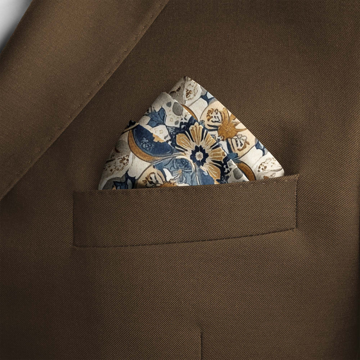 Genuine Silk Stonework Blue and Antique Floral Medallion Pocket Square