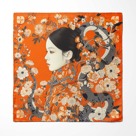 Genuine Silk Vermilion Empress and Serpent Bloom Pocket Square